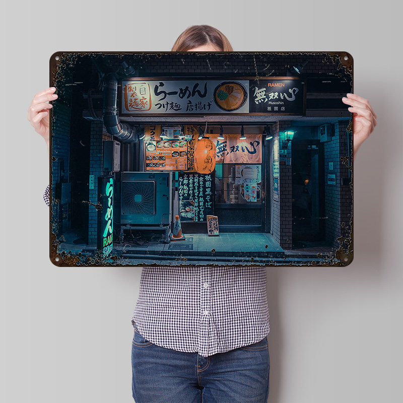 Retro Gaming Kyoto - Cyberpunkowy Ramen Gion Kyoto Metalowy Plakat